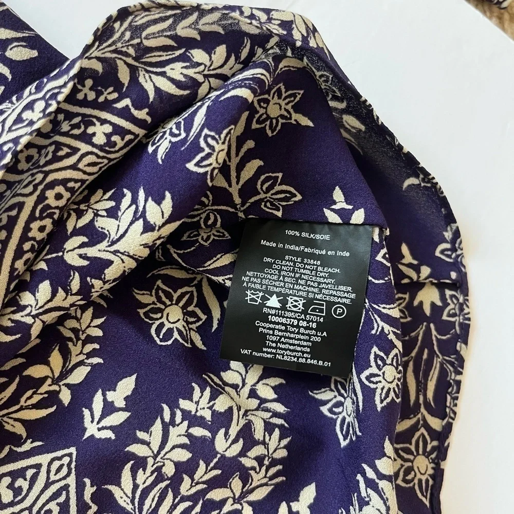 Tory Burch Silk Printed Blouse Navy Off White Size 6 Long Sleeve